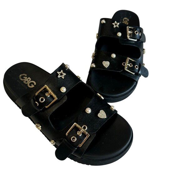 GBG GG Juliana T  Rhinestone Pearl Double Strap Black Platform Slide Sandals 8M - Picture 2 of 14
